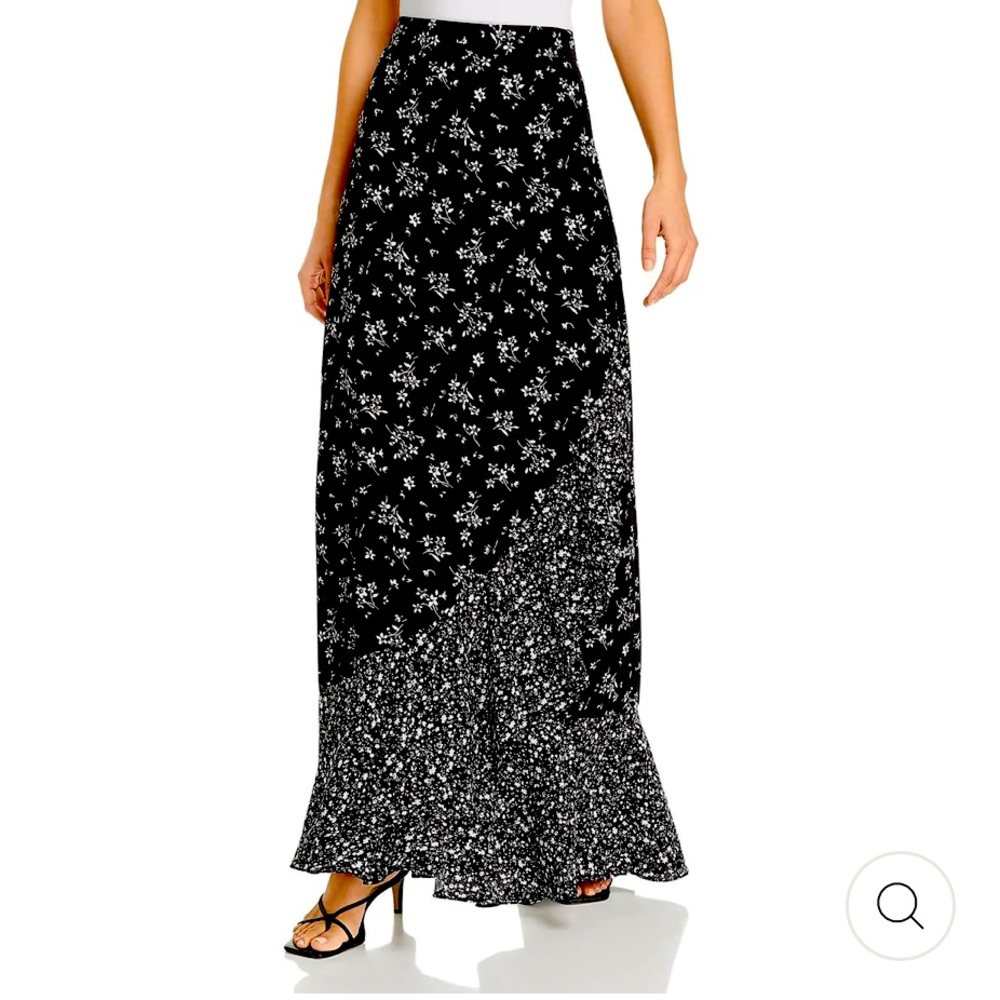 Aqua Black and White Floral Maxi Skirt